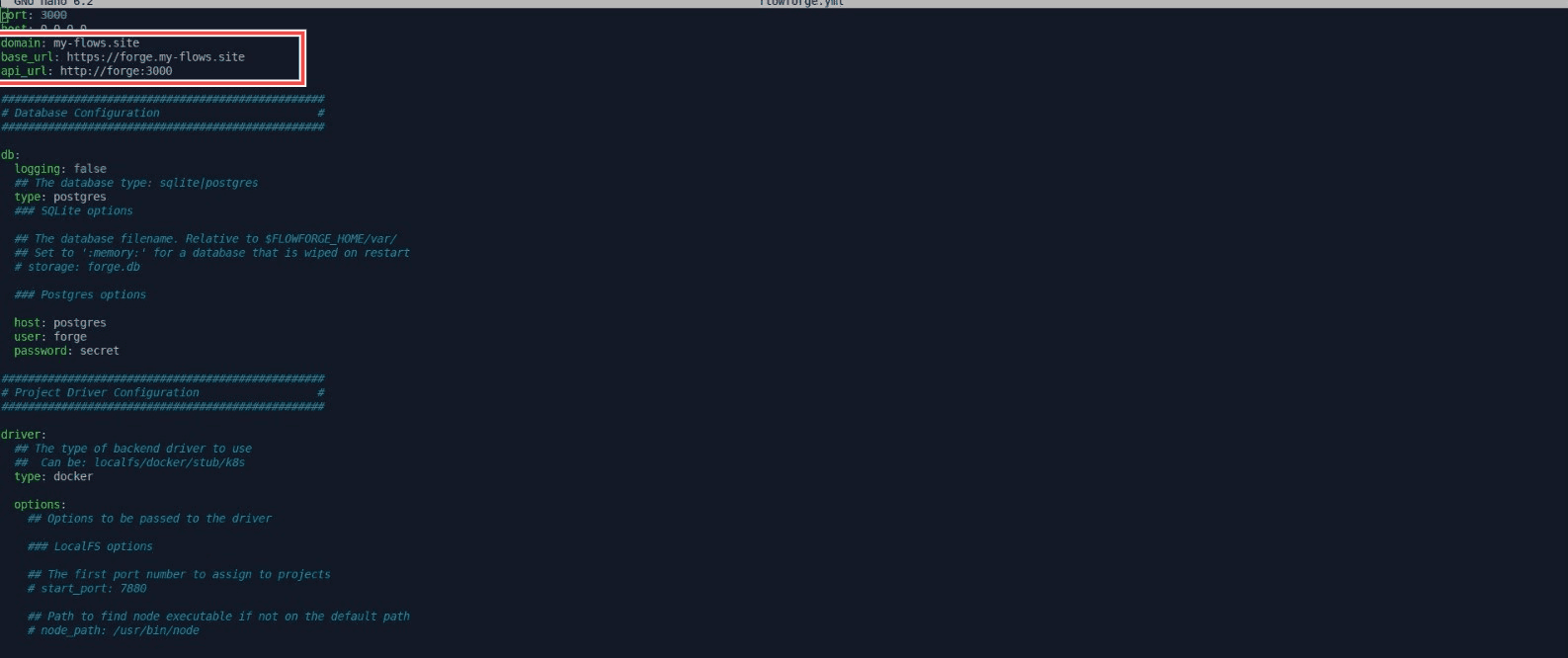 Screenshot of the terminal showing the update made in 'base_url' in the `flowforge.yml` file for SSL configuration "Screenshot of the terminal showing the update made in 'base_url' in the `flowforge.yml` file for SSL configuration"