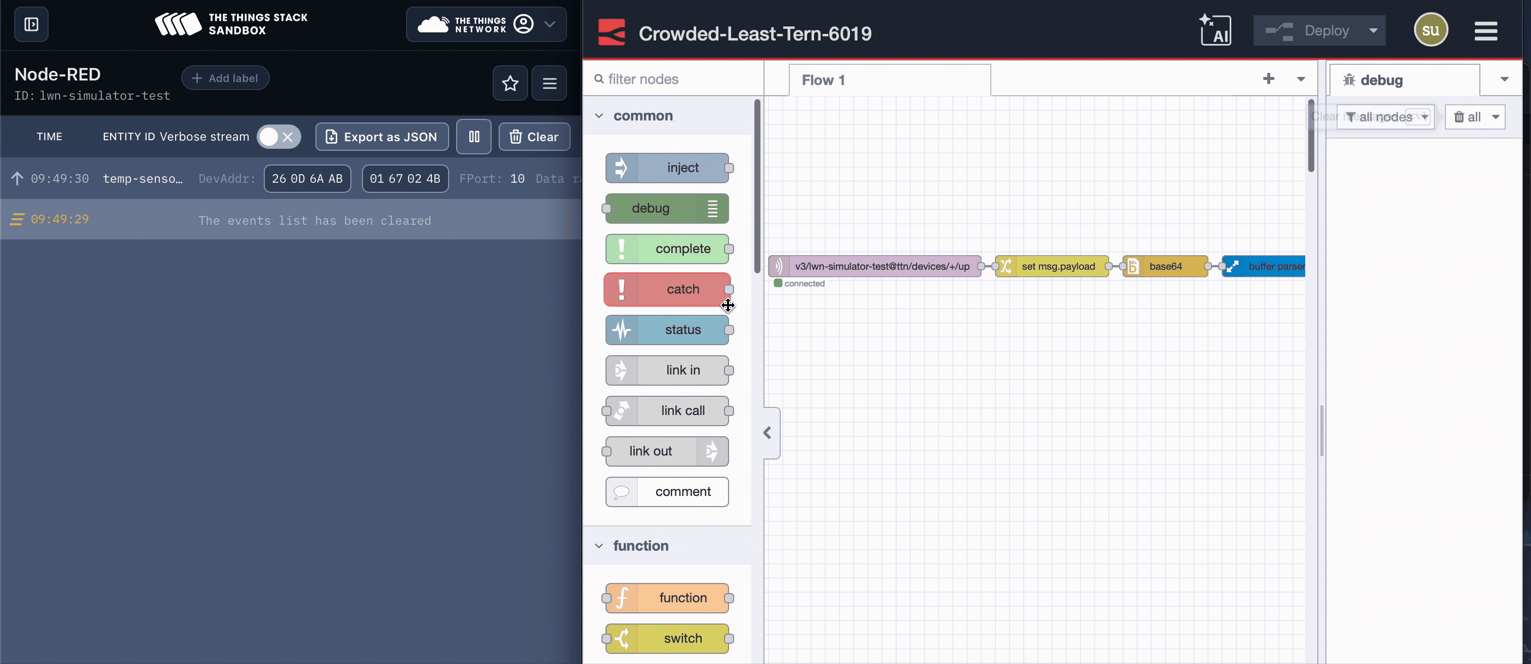 Image showing TTN console with live uplink messages on the left and FlowFuse debug panel with processed sensor data on the right